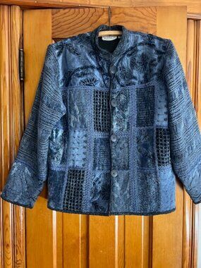 VTG Flashback Tapestry Blue Patchwork  Button Down Jacket Woman's Small